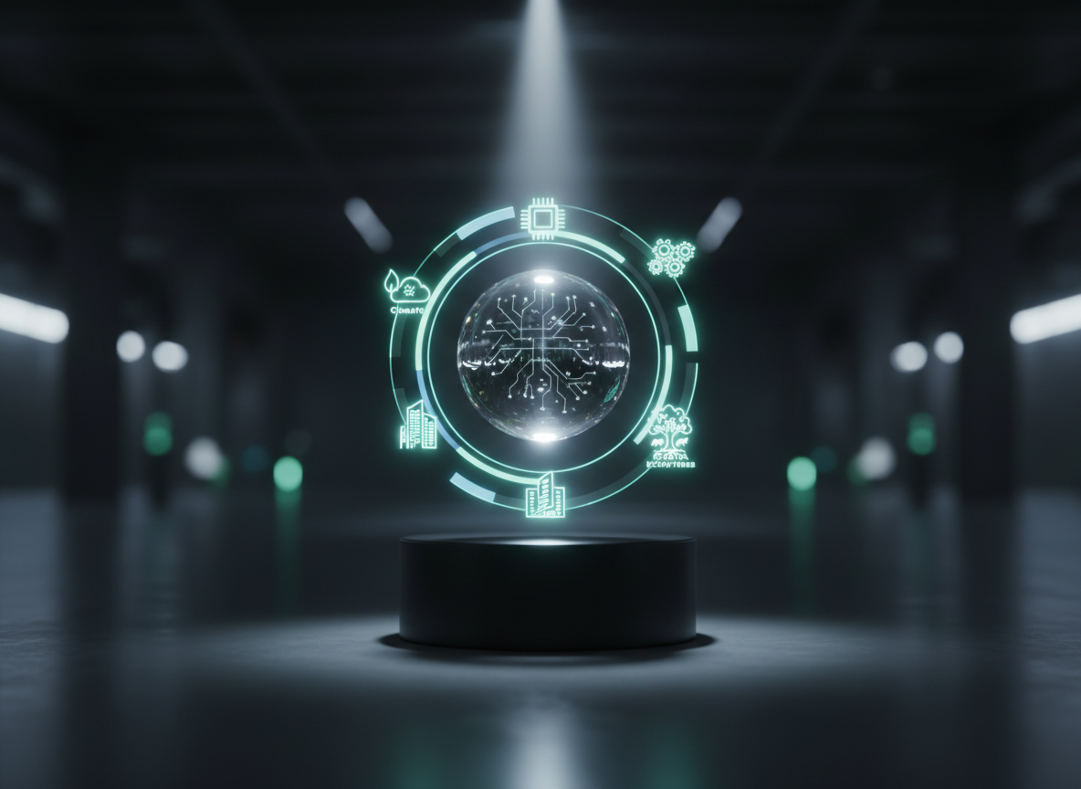 A sleek, translucent crystal sphere etched with faint circuit-like patterns floats above a matte black pedestal, symbolizing a complex future made tangible. Around it, semi-transparent concentric rings of light display subtle, blurred icons of climate, technology, cities, and ecosystems. The setting is a spacious, darkened studio with a polished graphite floor that softly reflects the glowing sphere. Cool, focused spotlighting from above creates crisp highlights and gentle shadows, enhancing depth. Shot at eye level with a shallow depth of field so the sphere is razor sharp while the background dissolves into soft bokeh. The mood is sophisticated, contemplative, and quietly futuristic, rendered in photographic realism with a clean, minimalist aesthetic that evokes strategic foresight and clarity amid uncertainty.