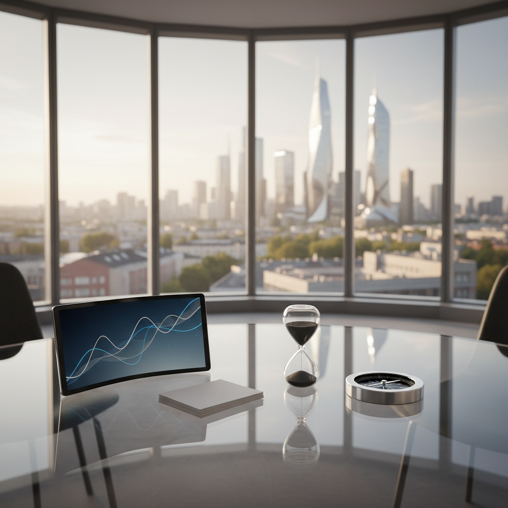 An immaculate glass table holds a precisely arranged collection of objects representing signals of change: a flexible e-ink tablet displaying abstract data curves, a small sand timer with metallic-black sand, a polished silver compass, and a stack of thin, unmarked white cards. Beyond the table, an enormous panoramic window reveals a softly blurred city skyline transitioning from present low-rise structures to shimmering visionary architecture in the distance. Late afternoon natural light pours through the glass, creating long, elegant shadows and subtle reflections on the tabletop. Captured from a slightly elevated angle in photographic realism, with rule-of-thirds composition emphasizing both objects and horizon. The mood is analytical yet hopeful, combining clean, modern design with a sense of expanding possibilities and structured foresight work.