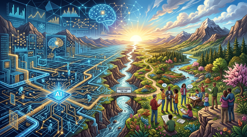 Digital network with AI on one side and people collaborating in nature on the other, separated by a river and connected by a bridge labeled 'Understanding the Gap'